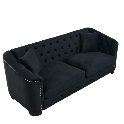 SALA NEGRAS #39 BLACK Velvet Chelsfield Sofa Set, featuring extra-deep seat cushions with padded armrests, tufted buttons, and brass studs, complete with throw pillows and plastic legs