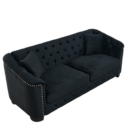SALA NEGRAS #39 BLACK Velvet Chelsfield Sofa Set, featuring extra-deep seat cushions with padded armrests, tufted buttons, and brass studs, complete with throw pillows and plastic legs