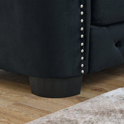 SALA NEGRAS #39 BLACK Velvet Chelsfield Sofa Set, featuring extra-deep seat cushions with padded armrests, tufted buttons, and brass studs, complete with throw pillows and plastic legs