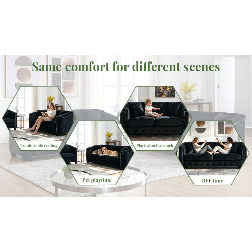 SALA NEGRAS #39 BLACK Velvet Chelsfield Sofa Set, featuring extra-deep seat cushions with padded armrests, tufted buttons, and brass studs, complete with throw pillows and plastic legs