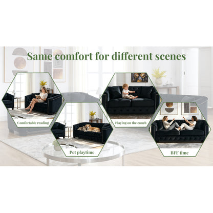 SALA NEGRAS #39 BLACK Velvet Chelsfield Sofa Set, featuring extra-deep seat cushions with padded armrests, tufted buttons, and brass studs, complete with throw pillows and plastic legs