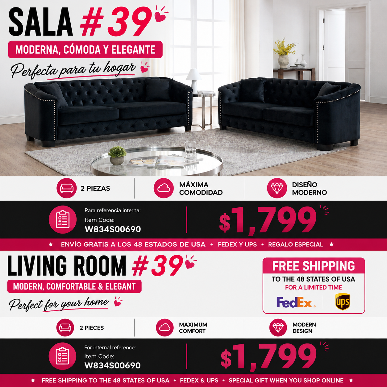 SALA NEGRAS #39 BLACK Velvet Chelsfield Sofa Set, featuring extra-deep seat cushions with padded armrests, tufted buttons, and brass studs, complete with throw pillows and plastic legs
