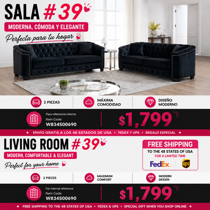 SALA NEGRAS #39 BLACK Velvet Chelsfield Sofa Set, featuring extra-deep seat cushions with padded armrests, tufted buttons, and brass studs, complete with throw pillows and plastic legs