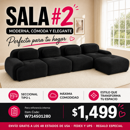 SALA NEGRAS #2 Black Cloud Sectional Black Sofa couch 4-seat L-shaped sofa 32D high-resilience sponge anti-slip design chaise design extra-wide curved armrests multi-free combination no assembly for studies living rooms media rooms,Black