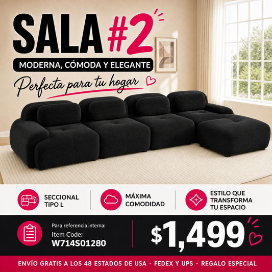 SALA NEGRAS #2 Black Cloud Sectional Black Sofa couch 4-seat L-shaped sofa 32D high-resilience sponge anti-slip design chaise design extra-wide curved armrests multi-free combination no assembly for studies living rooms media rooms,Black