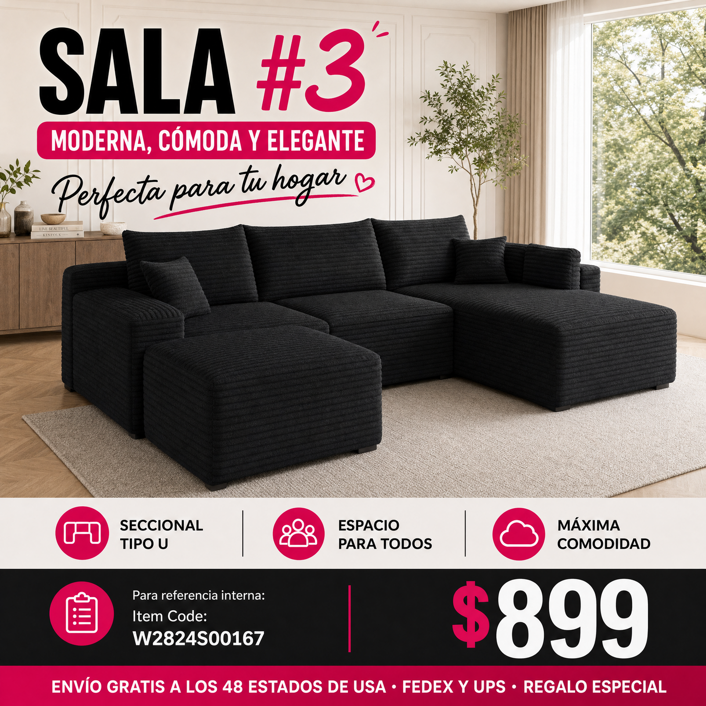 SALA NEGRAS #3 95" Cloud Sectional Sofa with 1 Ottoman,Modern Minimalist Upholstered Couches, Comfort U Shaped Sofa for Living Room,Deep Seat Corner Couch,No Assembly Required,Black (Plush Corduroy Fabric)