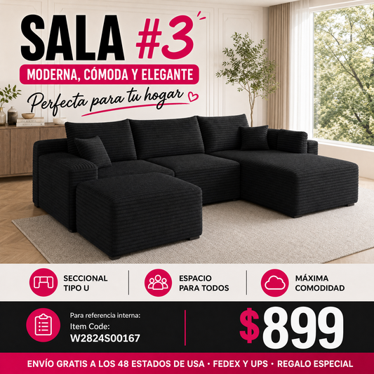 SALA NEGRAS #3 95" Cloud Sectional Sofa with 1 Ottoman,Modern Minimalist Upholstered Couches, Comfort U Shaped Sofa for Living Room,Deep Seat Corner Couch,No Assembly Required,Black (Plush Corduroy Fabric)