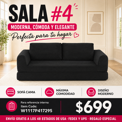 SALA NEGRAS #4 2-in-1 Folding Convertible Sofa Bed, Modern Corduroy Sleeper Couch with 2*pillows, Futon Modular Upholstered Boneless Sofa with Pull-Out Bed,Folding Floor Modular Couch for Living Room Black