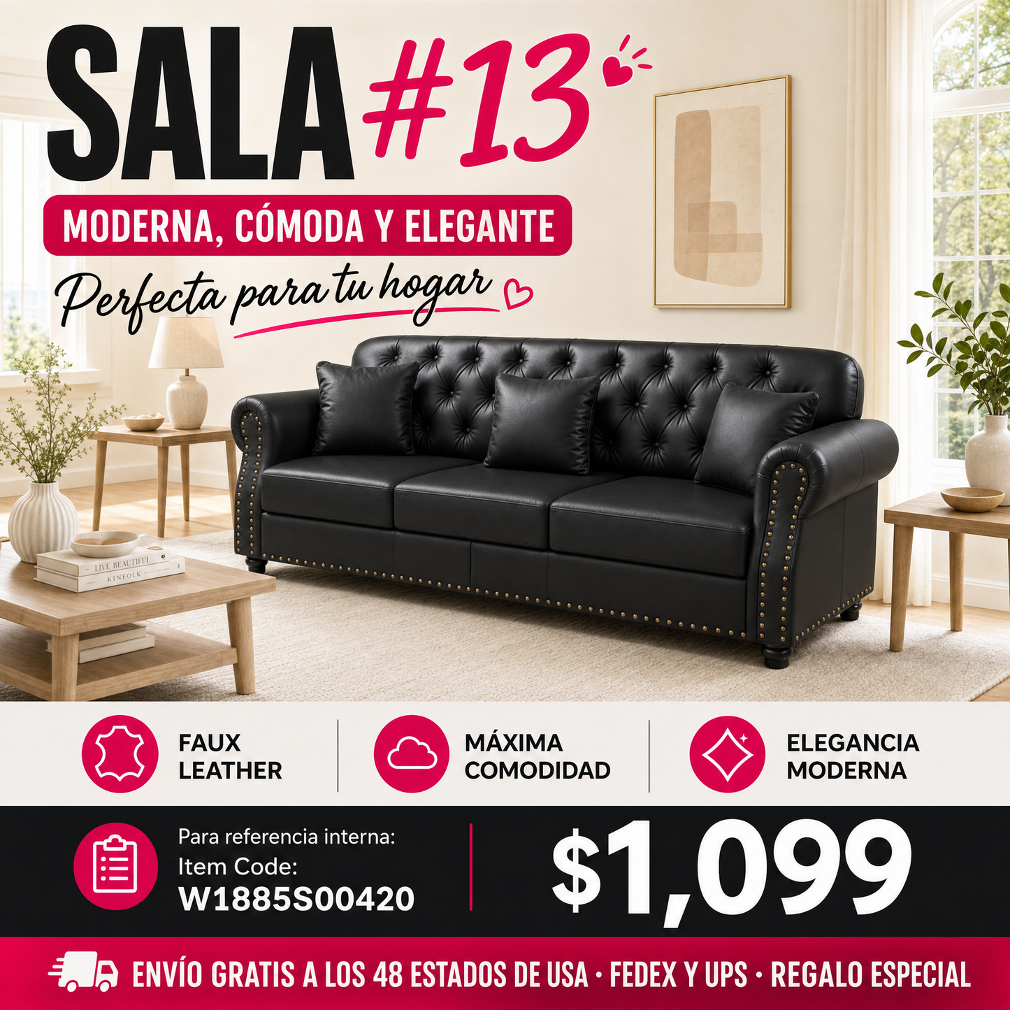 SALA NEGRAS #13-Black Sofa 82.6"Upholstered Faux Leather Sofa with Nailhead Trim and Rolled Armrests,Mid-Century Modern Chesterfield Sofa with Button Tufted,Includes 3 Pillows,Black