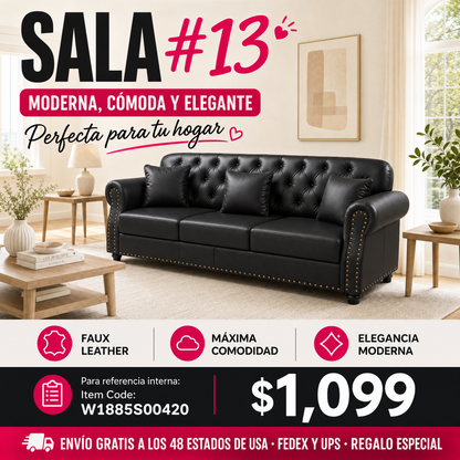 SALA NEGRAS #13-Black Sofa 82.6"Upholstered Faux Leather Sofa with Nailhead Trim and Rolled Armrests,Mid-Century Modern Chesterfield Sofa with Button Tufted,Includes 3 Pillows,Black