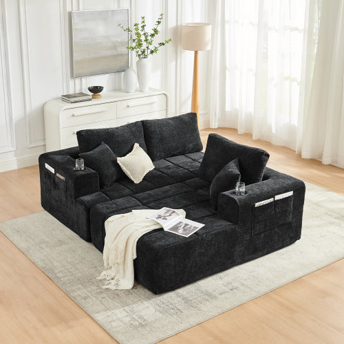 SALA NEGRAS #32- 108" L-Shaped Chenille Sectional Sofa, Cloud Style Boneless Sofa with Chaise, Modern Upholstered Couch with Cup Holders & Side Pockets, Compression Sofa for Living Room, No Assembly Required, Black