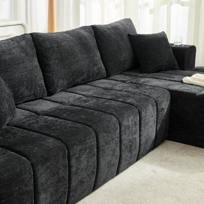 SALA NEGRAS #32- 108" L-Shaped Chenille Sectional Sofa, Cloud Style Boneless Sofa with Chaise, Modern Upholstered Couch with Cup Holders & Side Pockets, Compression Sofa for Living Room, No Assembly Required, Black