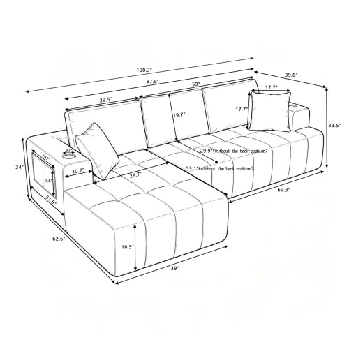 SALA NEGRAS #32- 108" L-Shaped Chenille Sectional Sofa, Cloud Style Boneless Sofa with Chaise, Modern Upholstered Couch with Cup Holders & Side Pockets, Compression Sofa for Living Room, No Assembly Required, Black