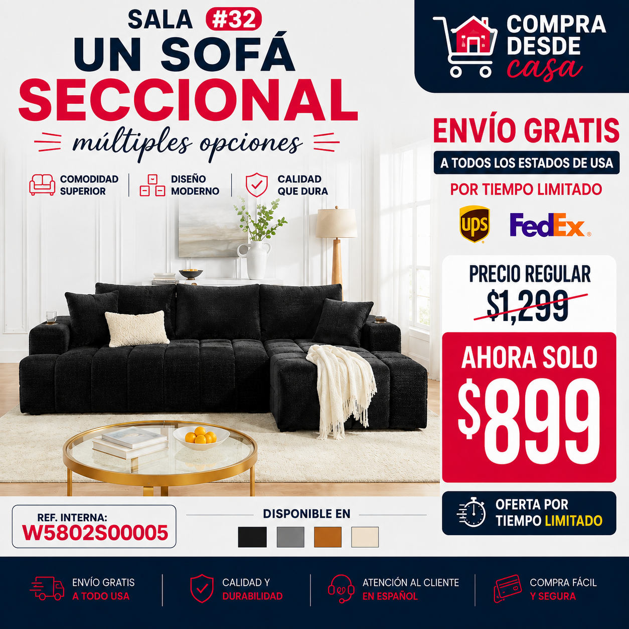 SALA NEGRAS #32- 108" L-Shaped Chenille Sectional Sofa, Cloud Style Boneless Sofa with Chaise, Modern Upholstered Couch with Cup Holders & Side Pockets, Compression Sofa for Living Room, No Assembly Required, Black