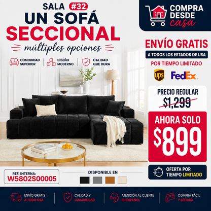 SALA NEGRAS #32- 108" L-Shaped Chenille Sectional Sofa, Cloud Style Boneless Sofa with Chaise, Modern Upholstered Couch with Cup Holders & Side Pockets, Compression Sofa for Living Room, No Assembly Required, Black
