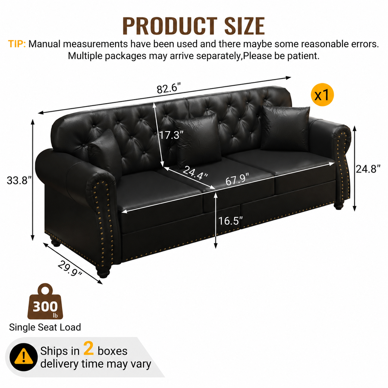 SALA NEGRAS #13-Black Sofa 82.6"Upholstered Faux Leather Sofa with Nailhead Trim and Rolled Armrests,Mid-Century Modern Chesterfield Sofa with Button Tufted,Includes 3 Pillows,Black