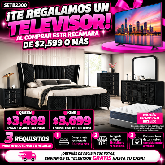 Recámara negra de terciopelo 5 piezas cabecera alta acolchada