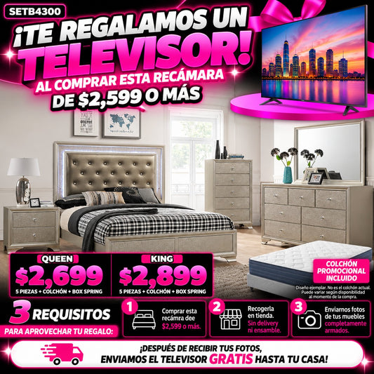 Recámara champán 5 piezas cabecera tapizada con luces