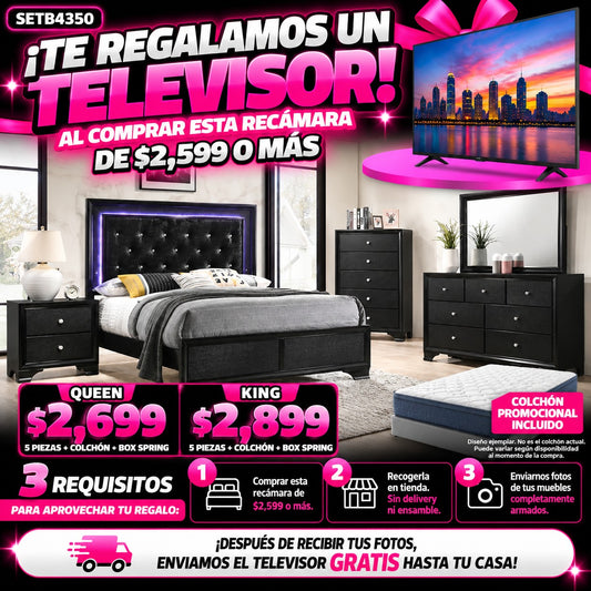 Recámara negra 5 piezas cabecera tapizada con luces