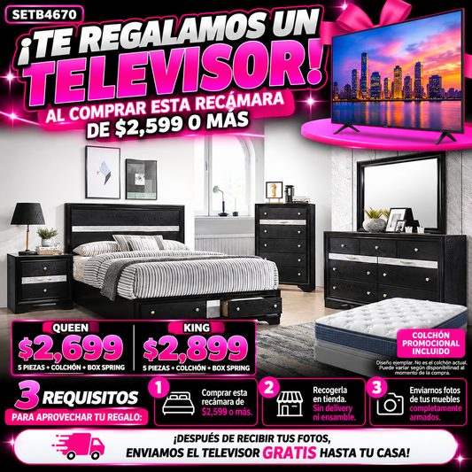 Recámara negra 5 piezas cajones en la cama detalles plateados