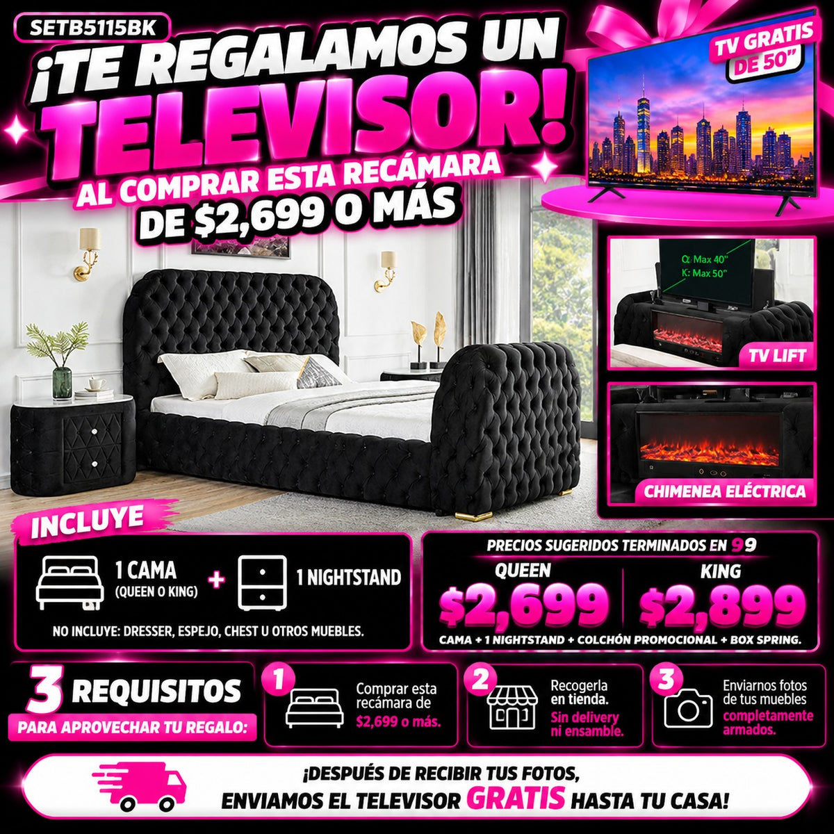 Cama negra capitoné con TV lift y chimenea eléctrica