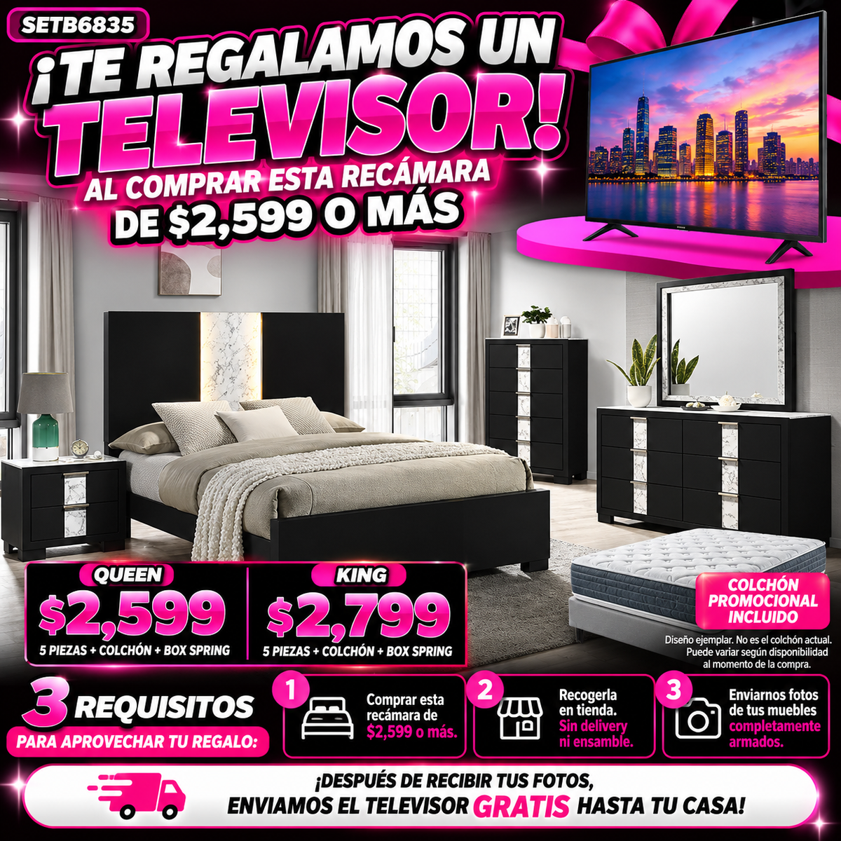 Recámara negra 5 piezas detalles de mármol