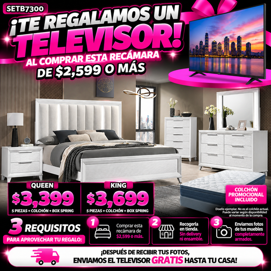 Recámara blanca 5 piezas cabecera tapizada y luces LED