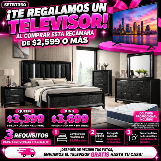 Recámara negra 5 piezas cabecera tapizada y luces LED