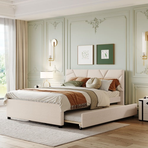COMBO RECAMARA QUEEN: CAMA + COLCHON + GAVETERO 005 - Queen Size Upholstered Platform Bed with Brick Pattern Headboard and Twin XL Size Trundle