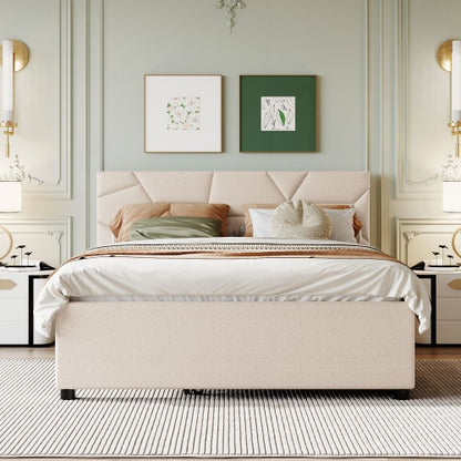 COMBO RECAMARA QUEEN: CAMA + COLCHON + GAVETERO 005 - Queen Size Upholstered Platform Bed with Brick Pattern Headboard and Twin XL Size Trundle