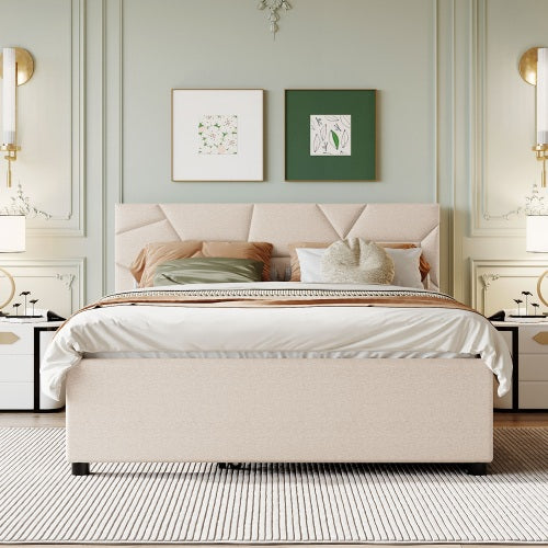 COMBO RECAMARA QUEEN: CAMA + COLCHON + GAVETERO 005 - Queen Size Upholstered Platform Bed with Brick Pattern Headboard and Twin XL Size Trundle