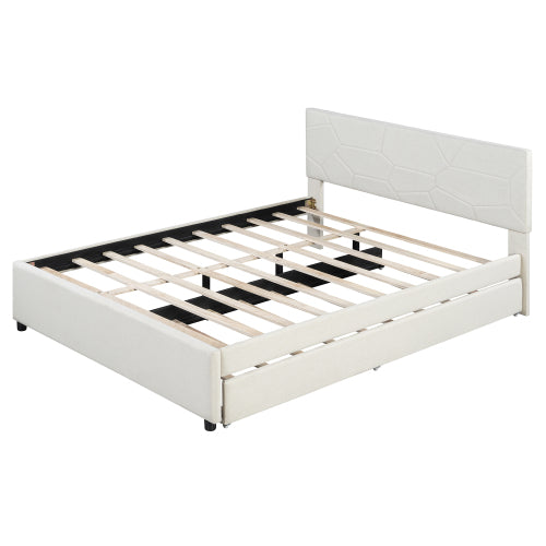 COMBO RECAMARA QUEEN: CAMA + COLCHON + GAVETERO 005 - Queen Size Upholstered Platform Bed with Brick Pattern Headboard and Twin XL Size Trundle