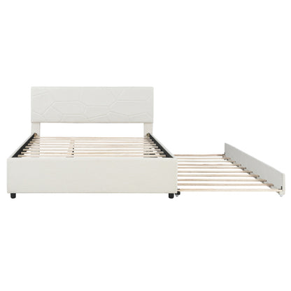 COMBO RECAMARA QUEEN: CAMA + COLCHON + GAVETERO 005 - Queen Size Upholstered Platform Bed with Brick Pattern Headboard and Twin XL Size Trundle