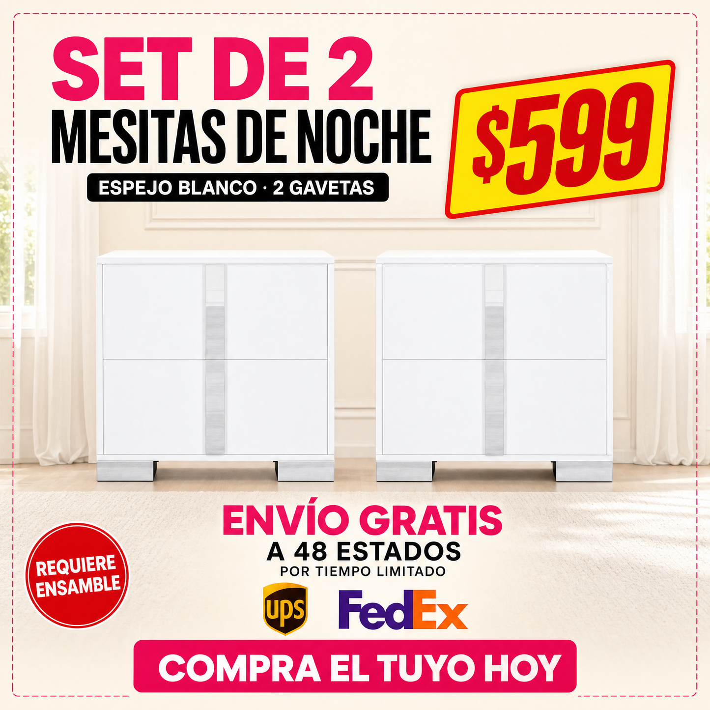 48-MESITAS DE NOCHE / NIGHTSTANDS #2 - ESPEJO BLANCO CON 2 GAVETAS - SET DE 2 - $599