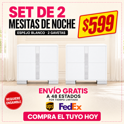 48-MESITAS DE NOCHE / NIGHTSTANDS #2 - ESPEJO BLANCO CON 2 GAVETAS - SET DE 2 - $599