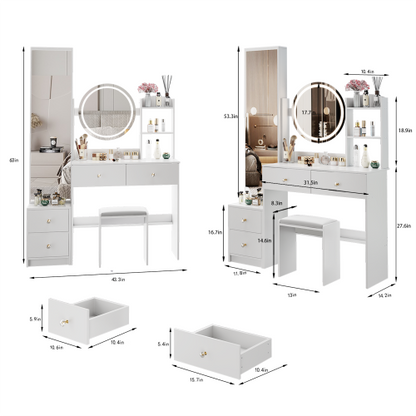 48-Vanity $599-Full Body Mirror Cabinet + Round Mirror LED Vanity Table + Cushioned Stool