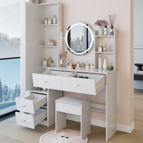 48-VANITY #3-Full Body Mirror Cabinet + Round Mirror LED Vanity Table + Cushioned Stool
