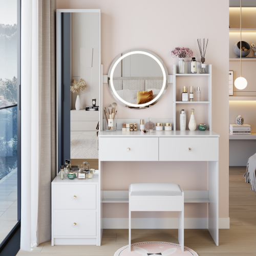 48-VANITY #3-Full Body Mirror Cabinet + Round Mirror LED Vanity Table + Cushioned Stool