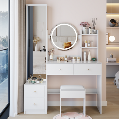 48-VANITY #3-Full Body Mirror Cabinet + Round Mirror LED Vanity Table + Cushioned Stool