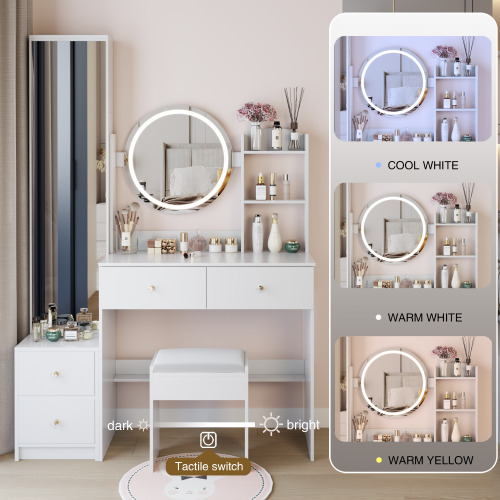 48-VANITY #3-Full Body Mirror Cabinet + Round Mirror LED Vanity Table + Cushioned Stool