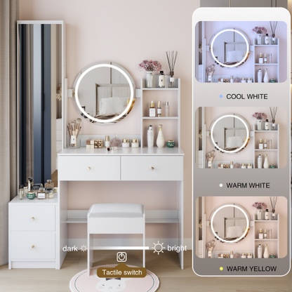 48-VANITY #3-Full Body Mirror Cabinet + Round Mirror LED Vanity Table + Cushioned Stool