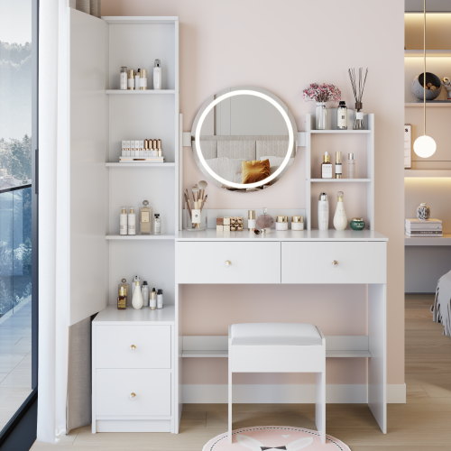 48-VANITY #3-Full Body Mirror Cabinet + Round Mirror LED Vanity Table + Cushioned Stool
