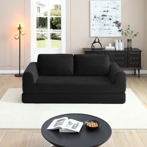 SALA NEGRAS #4 2-in-1 Folding Convertible Sofa Bed, Modern Corduroy Sleeper Couch with 2*pillows, Futon Modular Upholstered Boneless Sofa with Pull-Out Bed,Folding Floor Modular Couch for Living Room Black