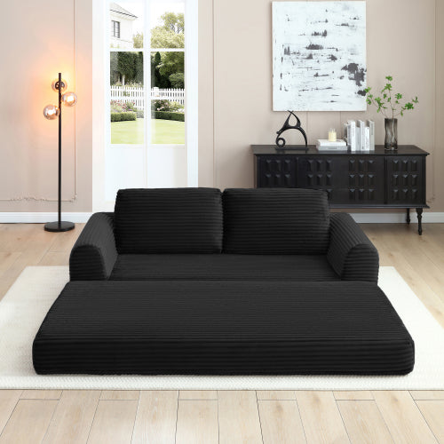 SALA NEGRAS #4 2-in-1 Folding Convertible Sofa Bed, Modern Corduroy Sleeper Couch with 2*pillows, Futon Modular Upholstered Boneless Sofa with Pull-Out Bed,Folding Floor Modular Couch for Living Room Black