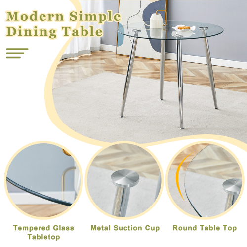 COMEDOR #20 A modern minimalist round transparent tempered glass table with silver metal legs and 4 black modern PU leather high-backed dining chairs for a luxurious experience.