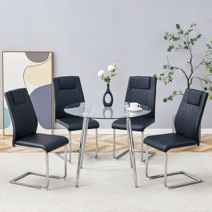 COMEDOR #20 A modern minimalist round transparent tempered glass table with silver metal legs and 4 black modern PU leather high-backed dining chairs for a luxurious experience.
