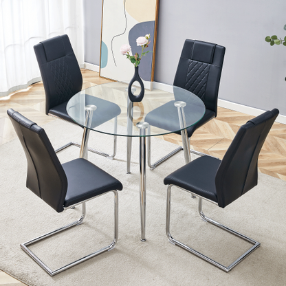 COMEDOR #20 A modern minimalist round transparent tempered glass table with silver metal legs and 4 black modern PU leather high-backed dining chairs for a luxurious experience.