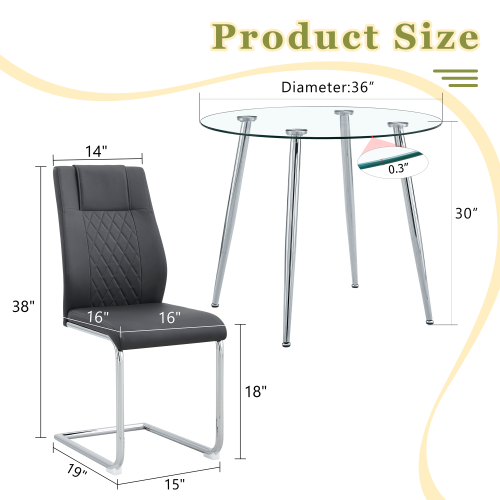 COMEDOR #20 A modern minimalist round transparent tempered glass table with silver metal legs and 4 black modern PU leather high-backed dining chairs for a luxurious experience.