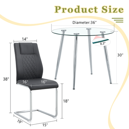 COMEDOR #20 A modern minimalist round transparent tempered glass table with silver metal legs and 4 black modern PU leather high-backed dining chairs for a luxurious experience.