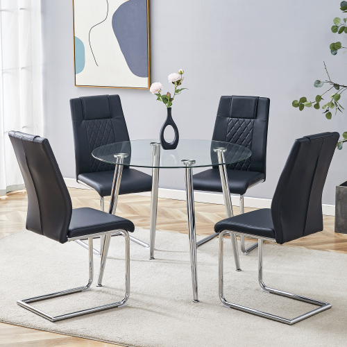 COMEDOR #20 A modern minimalist round transparent tempered glass table with silver metal legs and 4 black modern PU leather high-backed dining chairs for a luxurious experience.